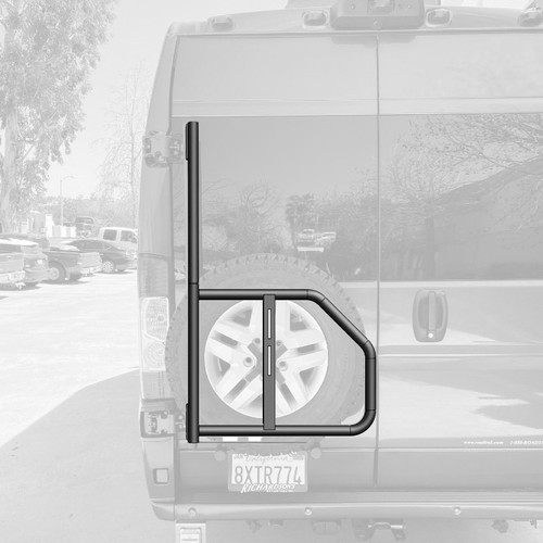 Rear door view highlighting Aluminess Tire Rack on the driver side rear door of a grey Dodge RAM Promaster van.