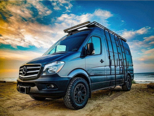 Mercedes Sprinter van outfitted with a Touring Roof Rack from Aluminess Products.