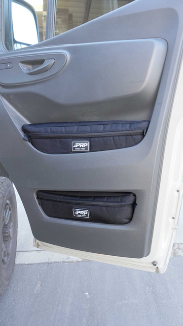 Close-up of PRP Lower Door Bag installed in the lower door pocket of a 2019+ Mercedes Sprinter Van.