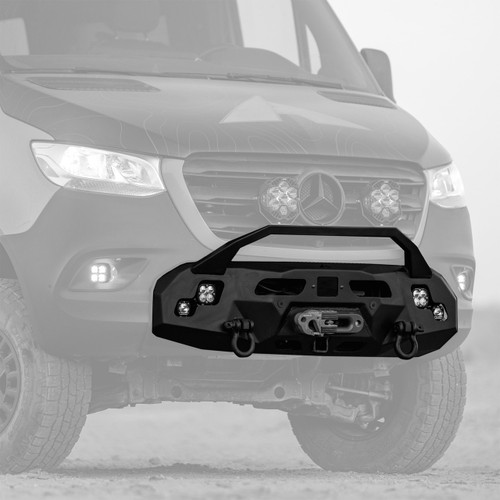 Close-up picture featuring new Aluminess Front Winch Baja Bumper for Sprinter vans.