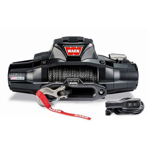 Warn Zeon XD 14S winch with synthetic rope and remote, front view.