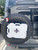 Close-up picture featuring Aluminess Rear Door Bolt-On Box/Tire Carrier on Mercedes Sprinter van.