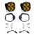 A fog light kit with amber lenses, including two LED lights, mounting brackets, and wiring adapters.