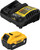 A DeWalt 20V MAX 5Ah battery pack placed beside its charger.