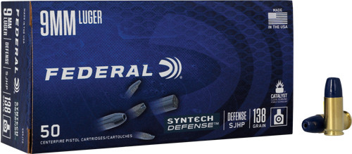 FEDERAL 9MM LUGER 138GR SJHP - 50RD 20BX/CS SYNTHETIC DEFENSE