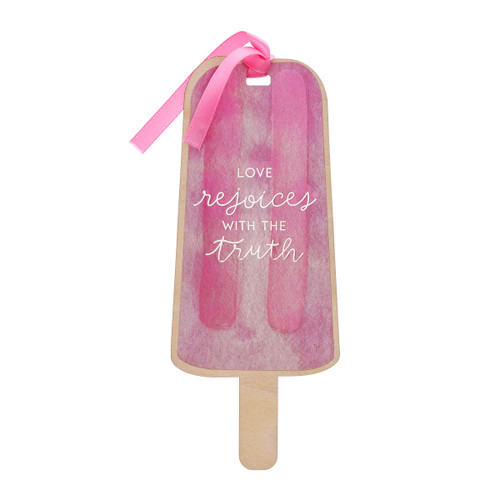 Love Rejoices Strawberry Pink Popsicle Wood Bookmark - 1 Corinthians 13:6