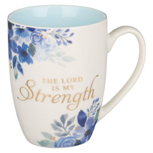 The Lord is My Strength Blue Floral Ceramic Coffee Mug - Psalm 28:7