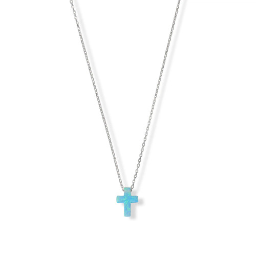 Shine in this 16" + 2" rhodium plated sterling silver necklace featuring a 9mm x 12mm blue synthetic opal cross. Necklace is finished with a lobster clasp closure.

.925 Sterling Silver