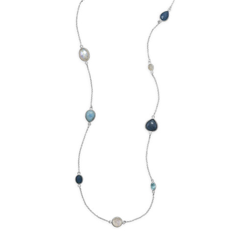 29" sterling silver necklace with larimar, blue topaz, dyed aventurine, and rainbow moonstone. The multi-shape stones range in size from 5mm x 7mm - 14mm x 10mm. This necklace is endless with no clasp closure.

.925 Sterling Silver