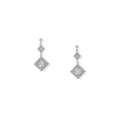 Embody grandeur in these earrings! Rhodium plated sterling silver post chandelier earrings feature CZs lining two diamond shape designs. Smaller diamond design measures 7.3mm x 9.1mm and the larger design measures 15.3mm x 15.3mm with a 5mm x 5mm center CZ. Earring has a total hanging length of 33mm.

.925 Sterling Silver