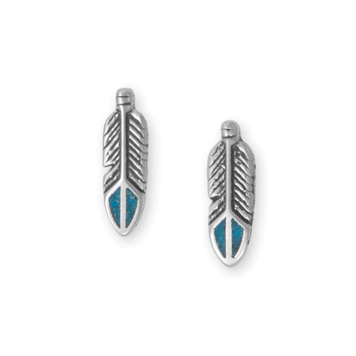 A symbol of freedom, truth, and wisdom! Oxidized sterling silver feather stud earrings with turquoise chip inlay are 14mm x 4.7mm. Earring posts are stainless steel. 

.925 Sterling Silver

Made in the USA