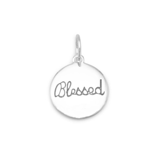 Rhodium plated sterling silver 14.5mm "Blessed" charm. The charm hangs approximately 22.5mm.

.925 Sterling Silver