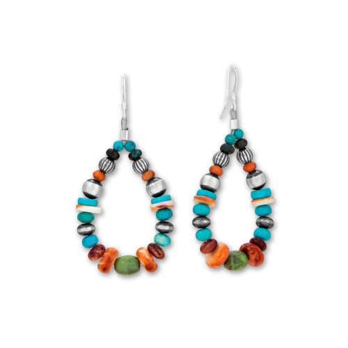 You'll turn every head when wearing these colorful earrings! Sterling silver french wire earrings are created using graduated stones featuring Kingman turquoise, spiny oyster, black onyx and green turquoise. Sterling silver accent beads are handcrafted in the USA. Beads range from 3.4mm-7mm, and earrings have a hanging length of 59mm.

.925 Sterling Silver 

Made in the USA.