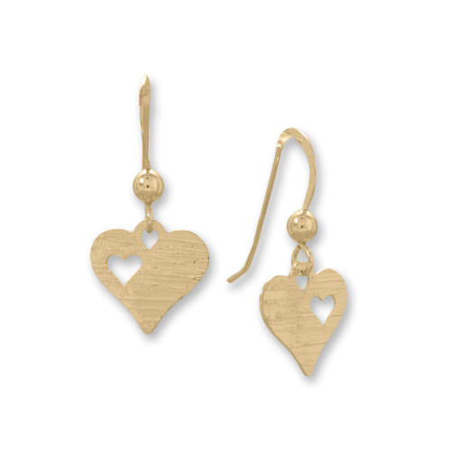 14k gold plated sterling silver french wire earrings feature a laser-cut textured heart with an adorable tiny heart cut out. Heart measures 11.3mm x 11mm, and earrings have a hanging length of 23.5mm.

.925 Sterling Silver