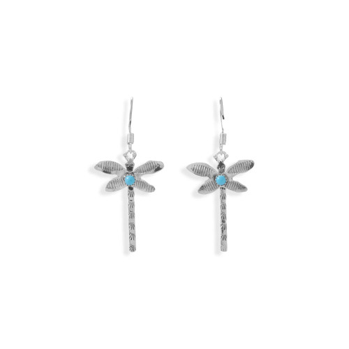 Creatively crafted with hand stamped details by Dinè silversmith Lee Sandoval. These authentic, handmade Native American dragonfly french wire earrings are made of oxidized sterling silver and have 2.5mm Mexican Campitos stabilized turquoise. Dragonflies are 29mm x 19.7mm and have a hanging length of 43mm.

.925 Sterling Silver 

Made in the USA.