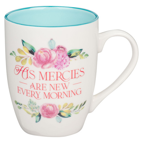 His Mercies are New Pink Peonie Ceramic Coffee Mug - Lamentations 3:22-23