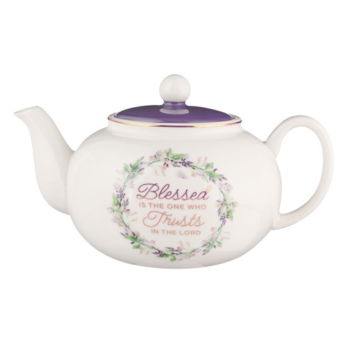 Blessed Purple Floral Ceramic Teapot - Jeremiah 17:7