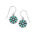 Flower Power! Oxidized sterling silver 13mm reconstituted turquoise flower earrings. Center turquoise is 2.5mm round and outer pieces are 3.5mm x 2mm tie shape. Earrings have a hanging length of 28mm.

.925 Sterling Silver