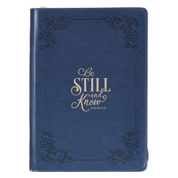 Be Still and Know Classic Faux Leather Zippered Journal in Navy Blue - Psalm 46:10