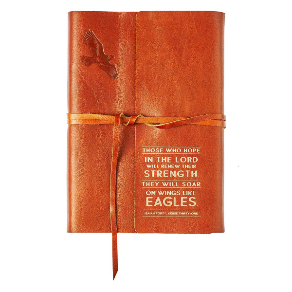 Wings of Eagles Saddle Tan Full Grain Leather Journal with Wrap Closure - Isaiah 40:31