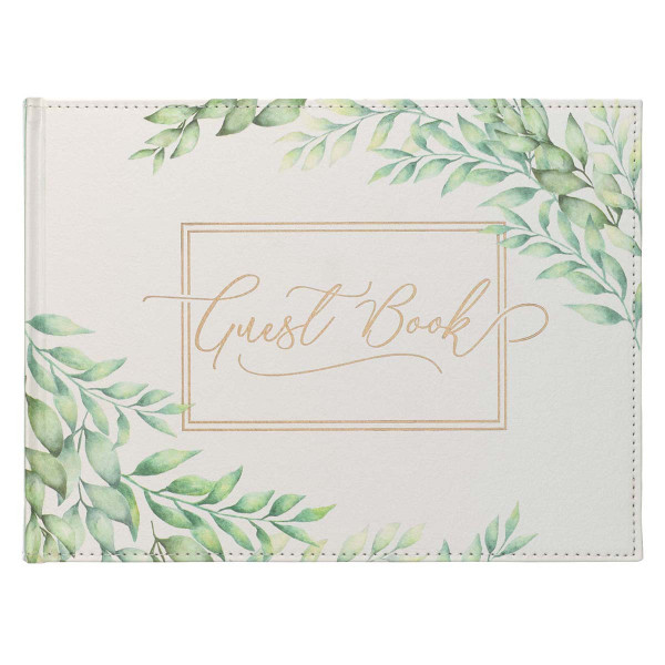 Green Leaves Medium White and Green Faux Leather Guest Book