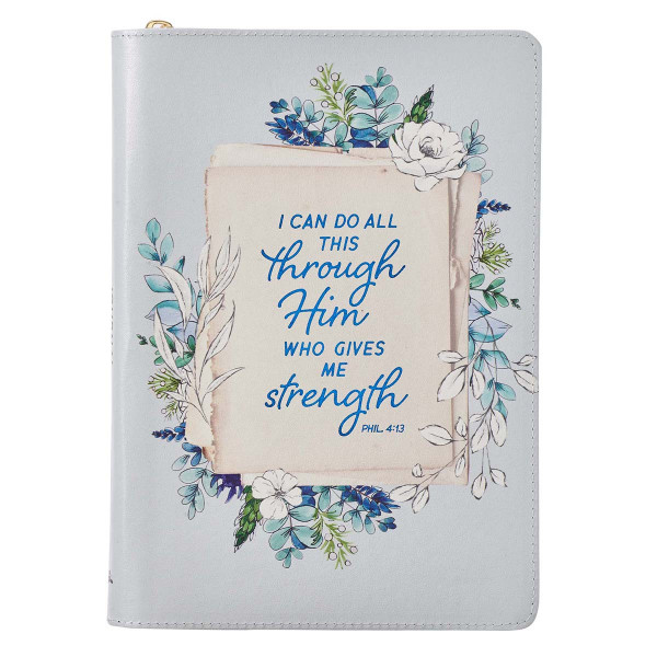 All Things Pale Blue Floral Faux Leather Classic Journal with Zipped Closure - Philippians 4:13