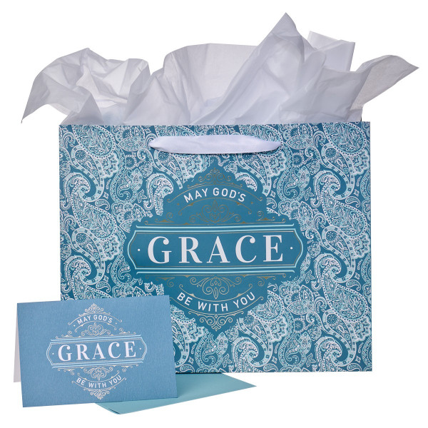 Teal Paisley God's Grace Large Landscape Gift Bag Set with Card