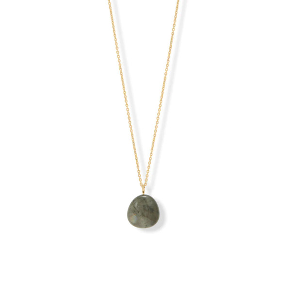 Make a statement! 28" 14 karat gold plated sterling silver necklace features a beautiful freeform labradorite nugget pendant. Labradorite measures approximately 17mm x 18mm but will vary in size and shape. Finished with a lobster clasp closure. 

.925 Sterling Silver