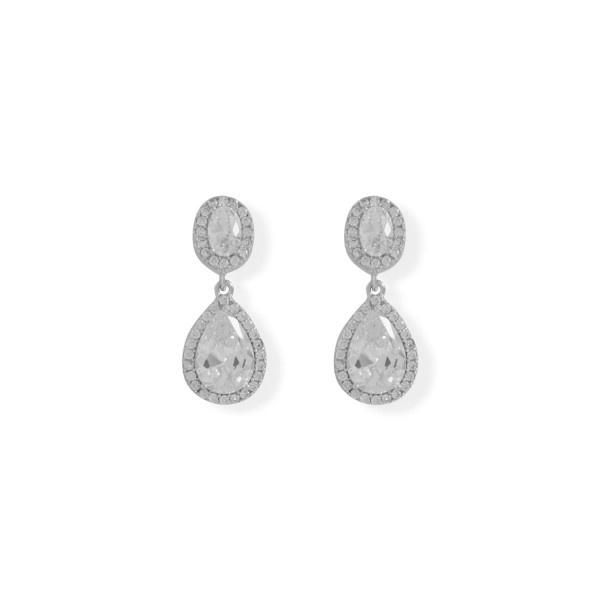 A chic, simple sparkle! Rhodium plated sterling silver post back chandelier style earrings feature a halo edge oval CZ post with a halo edge pear CZ drop. Oval CZ is 4mm x 6mm and pear CZ is 7mm x 10mm, with the hanging length of 25mm.

.925 Sterling Silver