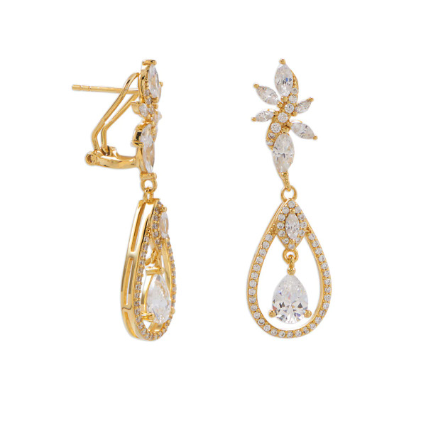 Say "I do" in these elegant earrings. 14 karat gold plated sterling silver CZ cluster chandelier earrings with omega back. 109 dazzling CZ settings. Earrings measure approximately 20mm x 12.5mm, with a total hanging length of 40mm.

.925 Sterling Silver