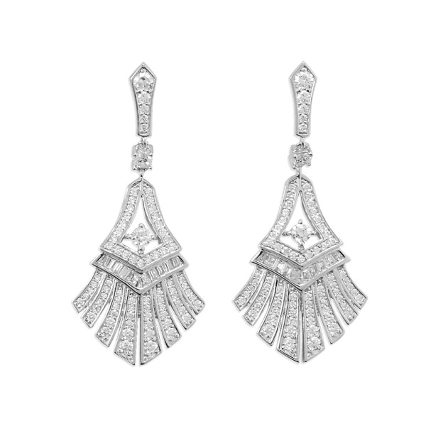 Travel through fashion history in these vintage inspired earrings! Rhodium plated sterling silver post back CZ earrings are in a fan-like shape. 30mm x 21mm, with a hanging length of 48.5mm. 156 CZ settings. 

.925 Sterling Silver