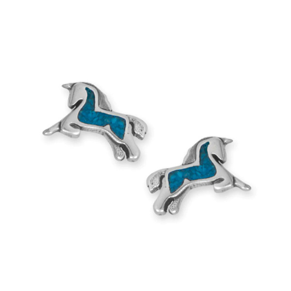 Oxidized sterling silver prancing unicorn stud earrings with turquoise chip inlay measure 11.7mm x 7.9mm. Earring posts are stainless steel. 

.925 Sterling Silver

Made in the USA