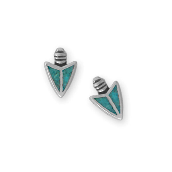 Oxidized sterling silver arrowhead stud earrings with turquoise chip inlay measure 8.6mm x 5.6mm. Earring posts are stainless steel. 

.925 Sterling Silver

Made in the USA