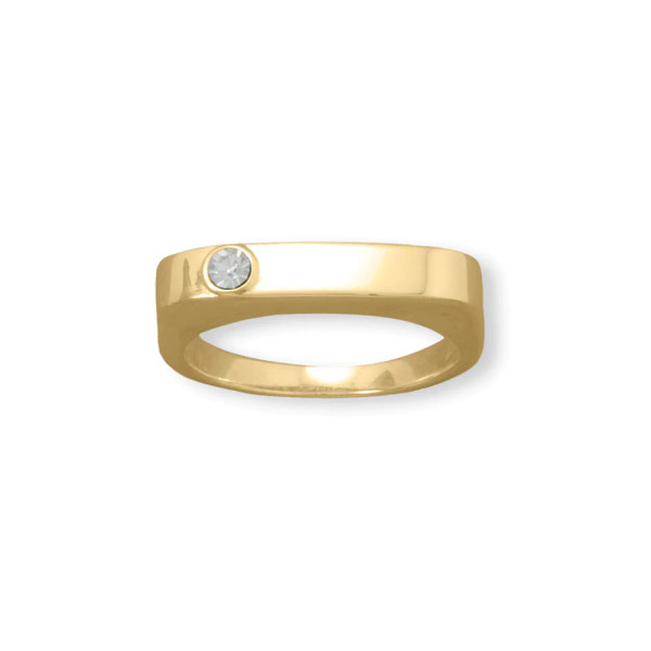 Bling ring. 14 karat gold plated sterling silver bar ring features a 3mm sparkling crystal. Available in whole sizes 6-9.

.925 Sterling Silver