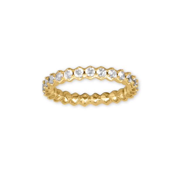 14 karat gold plated eternity ring is created with hexagonal shape settings and set with 2.5mm round CZs. Band is 3.6mm wide. Available in whole sizes 6-9.

.925 Sterling Silver