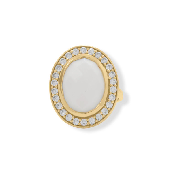 Fulfill your dreams of a white Christmas with this ring! 14 karat gold plated sterling silver ring features a grand 12mm x 16mm faceted white agate adorned with a 2mm CZ halo. Band is 2mm wide. Ring is available in whole sizes 7-10.

.925 Sterling Silver