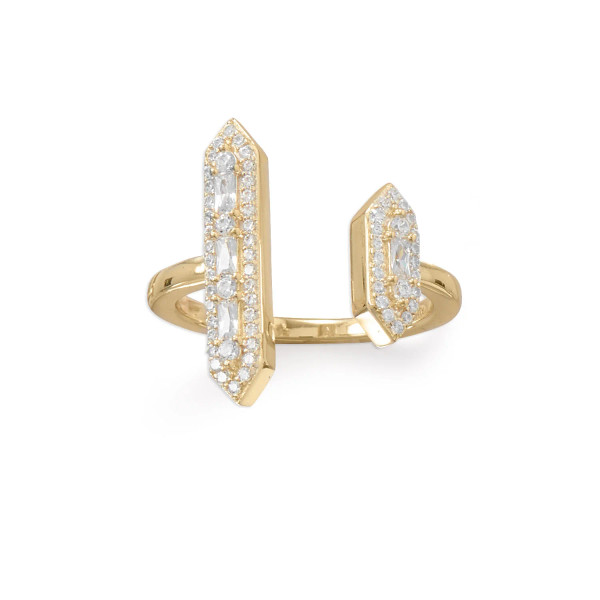 Lots of glitz with this 14 karat gold plated sterling silver ring. Double bars shine with 1.5mm x 3mm baguette CZ's surrounded by 1.5mm CZ halos. Bars measure 20.8mm and 11.6mm in height and 4.4mm wide. Band is 1.8mm. Available in whole sizes 6-9.

.925 Sterling Silver