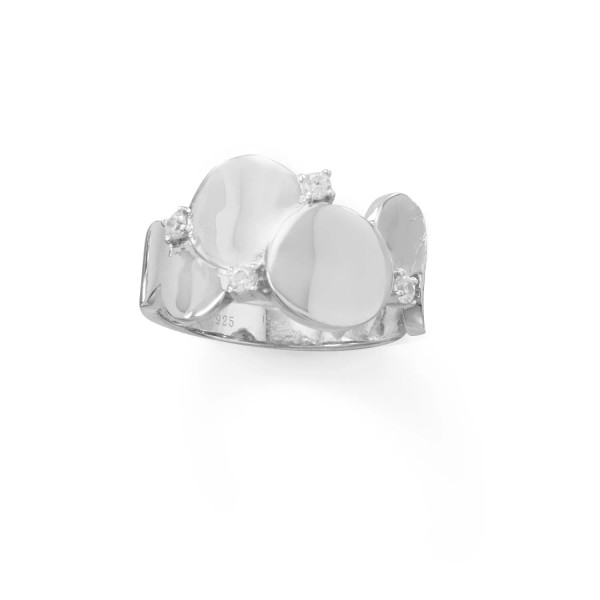 Contemporary rhodium plated sterling silver bubble ring with pops of CZ sparkle. Features four 2mm CZ's scattered among shiny bubble dots. Max width is 13mm and tapers to 3.3mm. Available in whole sizes 6-9.

.925 Sterling Silver