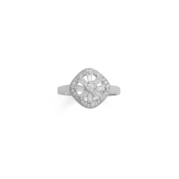 Rhodium plated sterling silver 12mm x 12mm cushion-shaped ring features baguette CZs in a flower design with halo CZ edge. Band tapers from 2.7mm to 1.8mm. Available in whole sizes 6-9.

.925 Sterling Silver