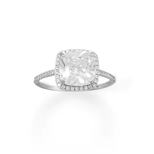Rhodium plated sterling silver square cushion cut CZ ring with CZ halo edge. Center CZ measures approximately 9mm x 9mm. Available in whole sizes 5-10. 

.925 Sterling Silver