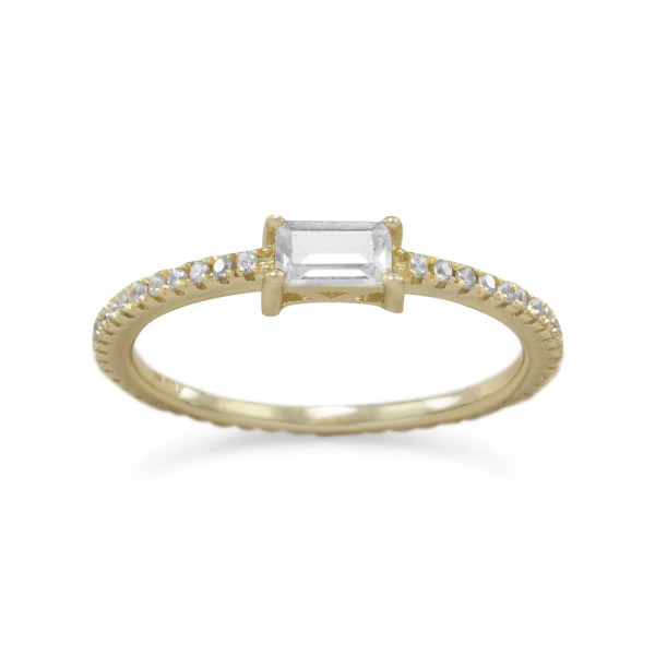 14 karat gold plated sterling silver ring with 2mm x 4mm rectangle center CZ. Half the band is encrusted with 1mm CZs. This ring is available in whole sizes 5-9.

.925 Sterling Silver