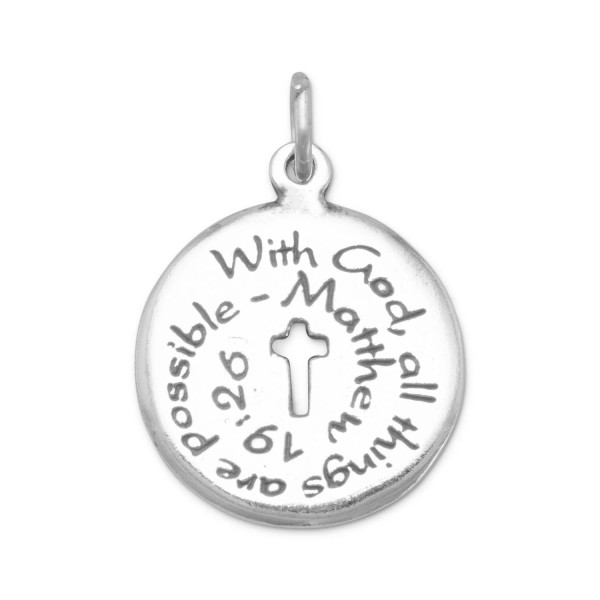 Oxidized sterling silver double sided charm with cutout cross. "With God, all things are possible" - Matthew 19:26. The charm measures 20mm in diameter.

.925 Sterling Silver