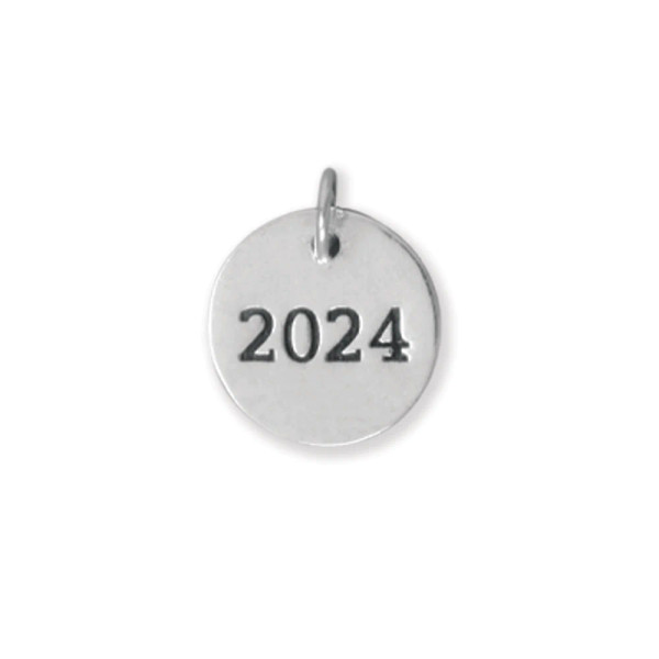 "2024" oxidized round charm. Charm measures approximately 12mm.

.925 Sterling Silver