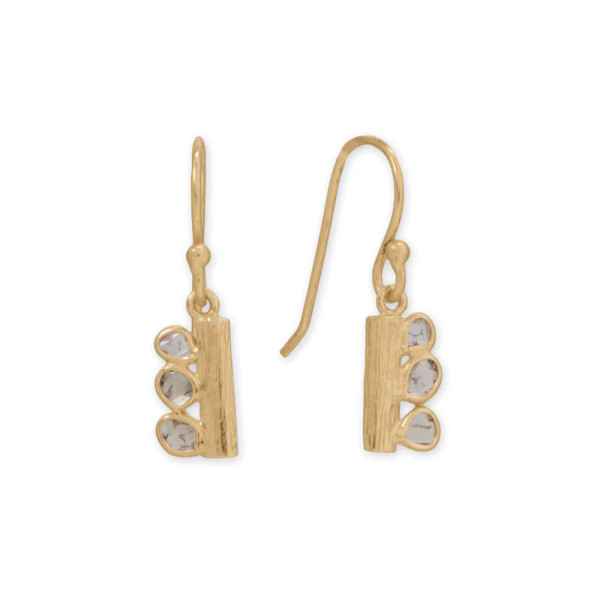 14 karat gold plated sterling silver bar drop french wire earrings with genuine Polki diamonds. The earrings have six 3mm fancy cut Polki diamonds, .30 ctw. The earrings hang approximately 25mm.

Polki diamonds are uncut natural diamonds.

.925 Sterling Silver
