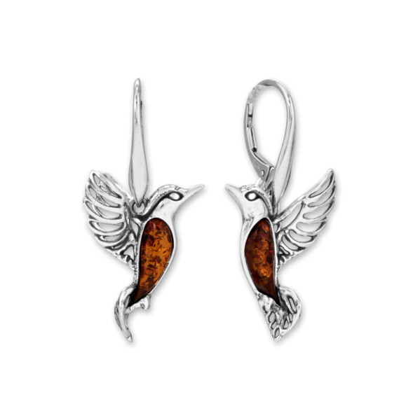 Sweeter than nectar... These 2D oxidized sterling silver lever back earrings feature darling mirrored hummingbirds measuring approximately 18mm x 22mm. Each is set with 12.7mm x 4.4mm fancy-cut genuine Baltic amber. Hanging length is 35.5mm.

Genuine Baltic amber is from Poland

.925 Sterling Silver 

How sweet: Hummingbirds consume half their weight in sugar daily! Scouting between 1,000 to 2,000 flowers every day for food.