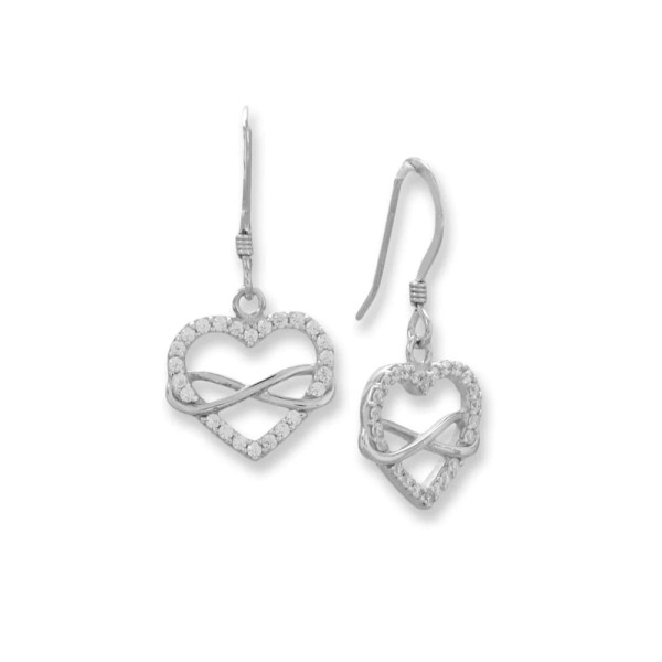 Rhodium plated sterling silver french wire earrings feature a 1.25mm CZ detailed outline heart interlocked with a polished infinity sign. Heart measures 15.1mm x 14.8mm, and earrings have a hanging length of 30.1mm.

.925 Sterling Silver