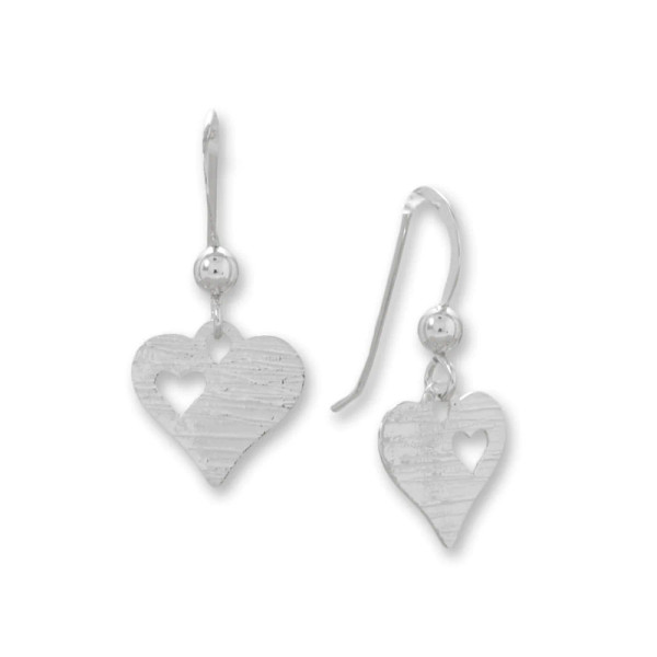Sterling silver french wire earrings feature a laser-cut textured heart with an adorable tiny heart cut out. Heart measures 11.3mm x 11mm, and earrings have a hanging length of 23.5mm.

.925 Sterling Silver