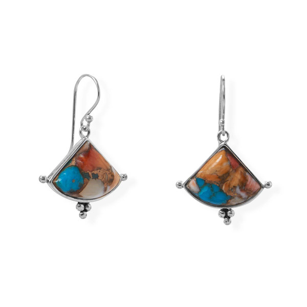 Sterling silver french wire earrings feature a triangle shaped compressed spiny oyster and turquoise stone. Stone measures approximately 18mm x 14mm. Earring has a hanging length of 30mm. ﻿Stones will vary.

.925 Sterling Silver