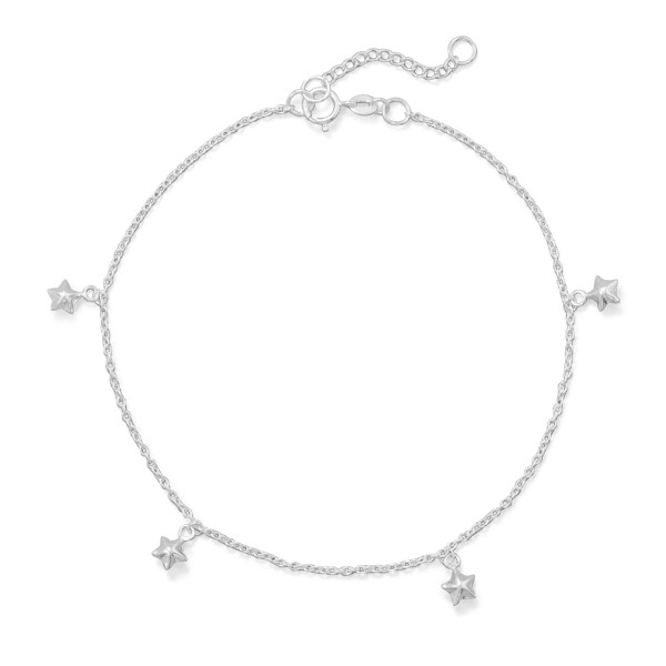 Sterling silver 9"+1" anklet features 5 polished star charms. The star charms measure approximately 4.5mm wide. This anklet features a spring ring closure. 

.925 Sterling Silver