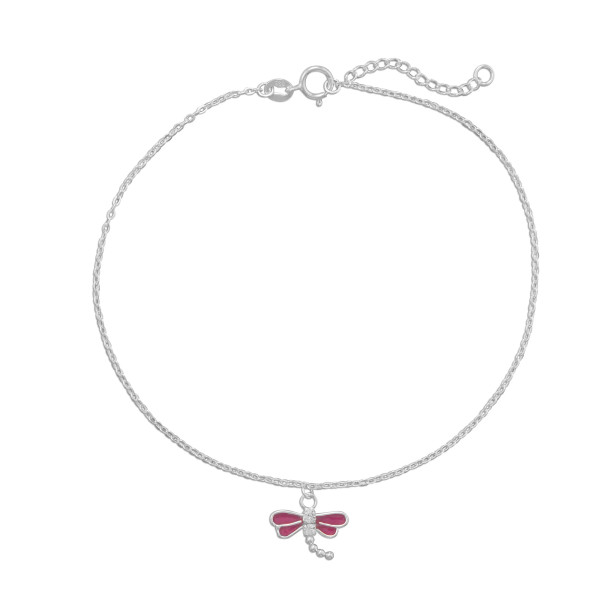 Sterling silver 9"+1" anklet features a sweet dragonfly with pink epoxy wings, white CZ body, and beaded moveable tail. The dragonfly measures approximately 13.5mm x 11.5. Anklet features a spring ring closure. 

.925 Sterling Silver